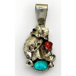 Large Vintage Native Navajo Turquoise Coral Sterling Silver Pendant 2.5” Signed